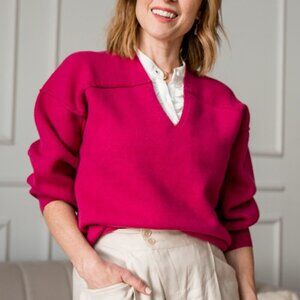 CAbi Easy pull-over sweater v-neck pink rolled bottom hem exposed seam new XS